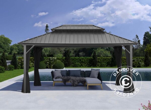 Tonnelle San Francisco avec rideaux et moustiquaire, 3,65x4,85m, Noir – Image 2