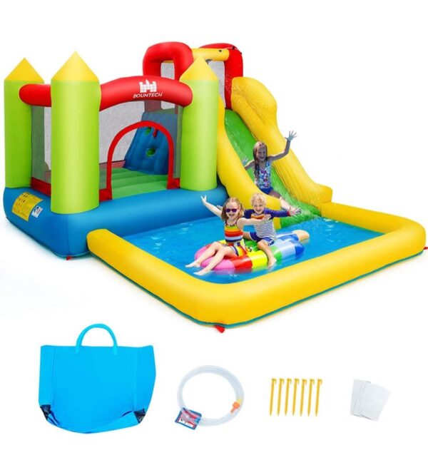 GOPLUS Château Gonflable en Tissu d'Oxford Imperméable et Durable avec Toboggan et Mur d'Escalade ,Aire de Jeux Gonflable avec Divertissements Multiples Pompes Air Non-Incluse(grande piscine)