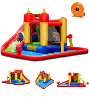 GOPLUS 7 en 1 Château Gonflable ,Aire de Jeux Aquatique avec Zone de Saut de Mur d'escalade et Toboggan pour Fête de l'eau d'Eté des Enfants