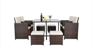BAMNY Ensemble de table à manger en rotin 9 pièces ensemble de meubles d'extérieur ensemble de table à manger chaise en rotin ensemble de table de jardin pour cour patio