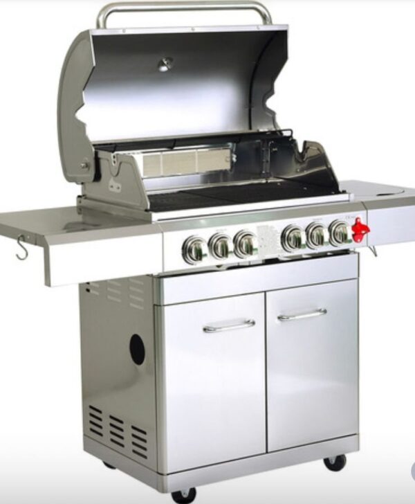 Barbecue à Gaz INOX 4 BRÛLEURS + 1 KIT RÔTISSOIRE (1 BRÛLEUR Infrarouge & TOURNEBROCHE)+ 1 Réchaud et Thermomètre, 22KW,Grille/Plancha inclus - DÖNER GREADEN - Inox – Image 2