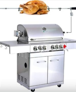 Barbecue à Gaz INOX 4 BRÛLEURS + 1 KIT RÔTISSOIRE (1 BRÛLEUR Infrarouge & TOURNEBROCHE)+ 1 Réchaud et Thermomètre, 22KW,Grille/Plancha inclus - DÖNER GREADEN - Inox