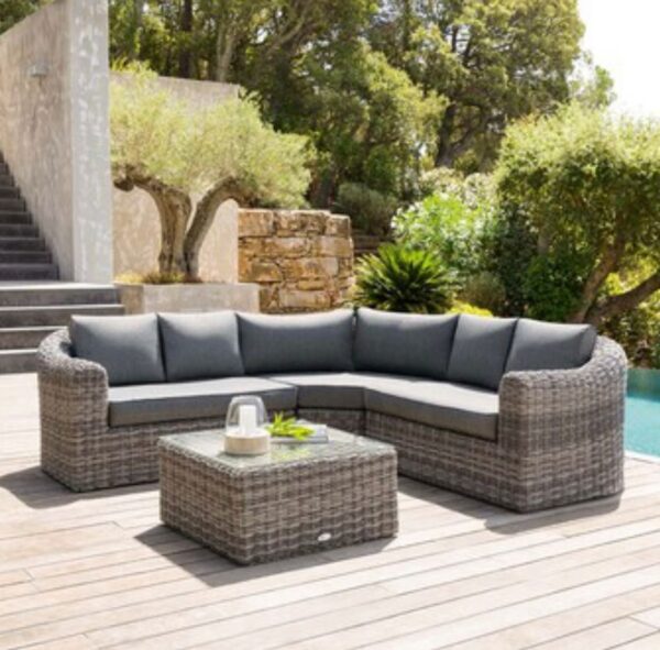 Salon d'angle de jardin Mooréa Terre d'ombre 5 places - Aluminium traité époxy, Résine tressée, Polyester