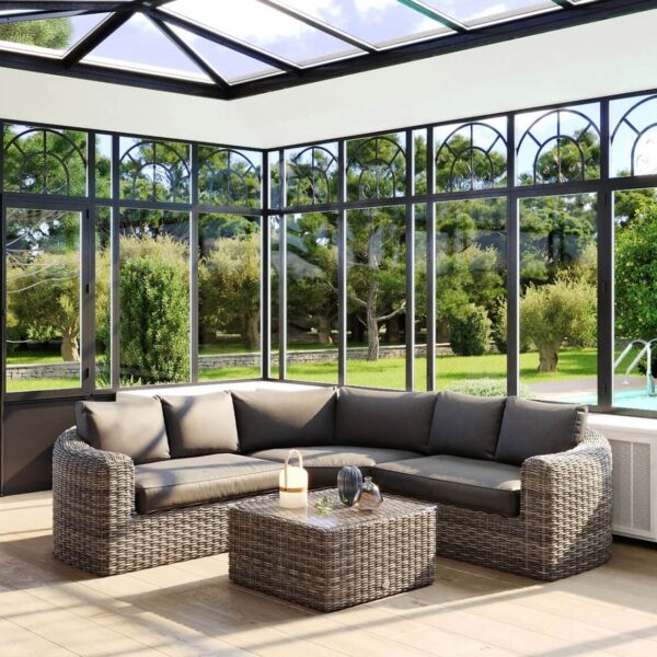 Salon d'angle de jardin Mooréa Terre d'ombre 5 places - Aluminium traité époxy, Résine tressée, Polyester – Image 3
