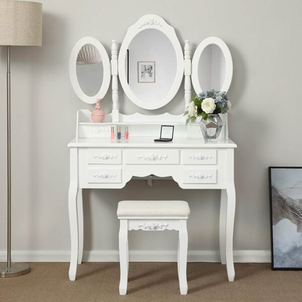 Coiffeuse fille d’angle avec miroir de maquillage lampe miroir