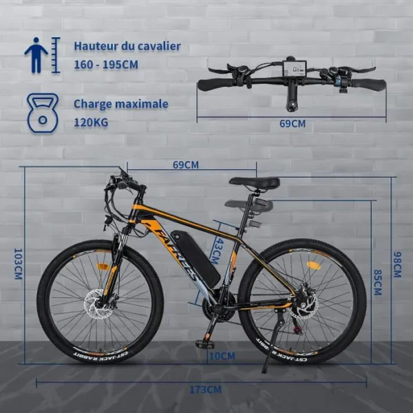 Vélo électrique 26'' FAFREES HAILONG-ONE 350W 25 km/h 10Ah 21 Vitesses Noir-Orange – Image 3