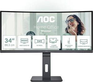 AOC CU34P3CV - Écran incurvé WQHD 34 pouces, réglable en hauteur, haut-parleurs (3440x1440, 100 Hz, HDMI, DisplayPort, USB-C (65W PD), RJ45, hub USB) noir