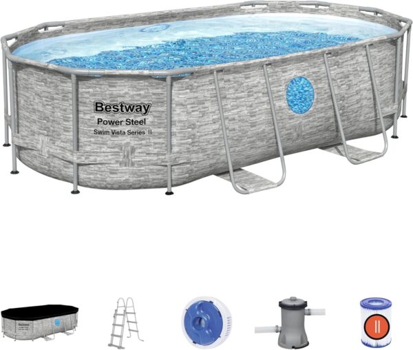 Bestway Piscine hors sol ovale Power Steel Swim Vista pierres 427x250x100cm – Image 2