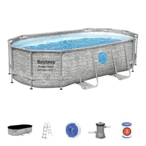 Bestway Piscine hors sol ovale Power Steel Swim Vista pierres 427x250x100cm