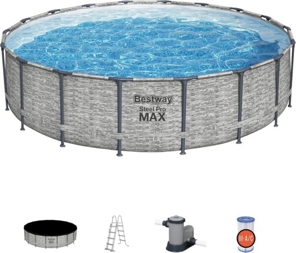 Bestway Piscine Hors Sol Steel Pro Max™ Motif Pierres Grises, 549 x 122 cm, système FrameLink™, échelle, bâche, Pompe et Cartouche de Filtration – Image 3