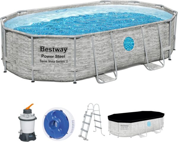 Bestway Power Steel Swim Vista Series Pool Kit Complet Ovale avec Filtre à Sable, échelle de sécurité et bâche 488 x 305 x 107 cm – Image 2