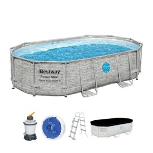 Bestway Power Steel Swim Vista Series Pool Kit Complet Ovale avec Filtre à Sable, échelle de sécurité et bâche 488 x 305 x 107 cm
