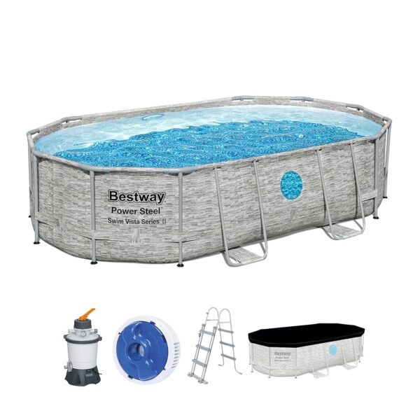 Bestway Power Steel Swim Vista Series Pool Kit Complet Ovale avec Filtre à Sable, échelle de sécurité et bâche 488 x 305 x 107 cm