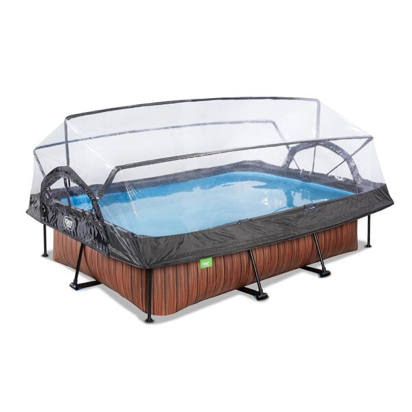 EXIT TOYS Piscine en Bois avec Couvercle Multifonctionnel - 300x200x65cm - Piscine Rectangulaire à Cadre Compact avec Pompe à Filtre à Cartouche - pour Une Eau de Piscine Propre...
