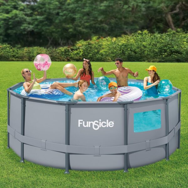 FUNSICLE, Piscine Tubulaire, Hors Sol, Ronde À Hublot, Épurateur, Échelle de Sécurité, Kit d'entretien, Bâche, Tapis de Sol - Ø 3,66M X H1,22M, Couleur Grise – Image 3