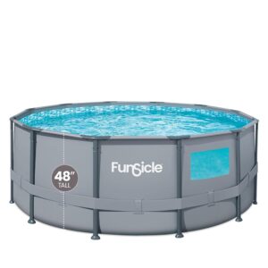 FUNSICLE, Piscine Tubulaire, Hors Sol, Ronde À Hublot, Épurateur, Échelle de Sécurité, Kit d'entretien, Bâche, Tapis de Sol - Ø 3,66M X H1,22M, Couleur Grise