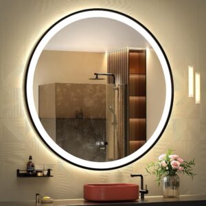 GANPE Miroir de courtoisie Rond à capteur LED, avec éclairage à intensité Variable, Anti-buée, étanche IP44, pour Salle de Bain (Noir, 100_x_100_cm)