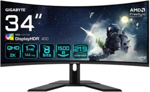 GIGABYTE G34WQC A Moniteur de jeu incurvé 34" WQHD - 3440 x 1440, 1500R, 144Hz, 1ms, 350 cd/m², FreeSync Premium, Display HDR400, HDMI 2.0, DisplayPort 1.4