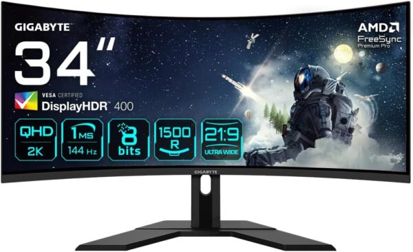 GIGABYTE G34WQC A Moniteur de jeu incurvé 34" WQHD - 3440 x 1440, 1500R, 144Hz, 1ms, 350 cd/m², FreeSync Premium, Display HDR400, HDMI 2.0, DisplayPort 1.4