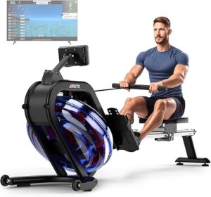 JOROTO Rameur a Eau D'appartement avec Réservoir d'eau de 28 L et Inclinaison à 45°, Capacité de Poids de 150 kg et Fonction Bluetooth, Support de Tablette, Abonnement de 44...