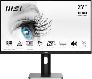 MSI PRO MP273QP Écran Bureautique 27" WQHD - Dalle IPS, 2560x1440, 75Hz, Confort Oculaire, Haut-Parleurs Intégrés, MSI Display Kit, Pied Ajustable, Montable VESA - DisplayPort...