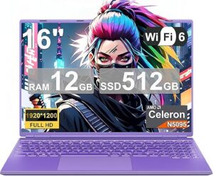 Ordinateur Portable Gaming 16 Pouces 12 + 512 Go Soutien Extension 1TB (HDD-2TB) 4 cœurs Celeron N5095 (jusqu'à 2,9 GHz)1920x1200 PC Gamer Portable,Laptop avec Écran 2K 2.4+5G...