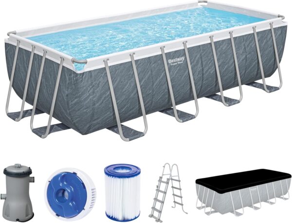 Piscine Power Steel™ rectangulaire 488 x 244 x 122 cm motif marbre gris, filtration à cartouche, échelle, bâche, diffuseur Chemconnect™ – Image 2