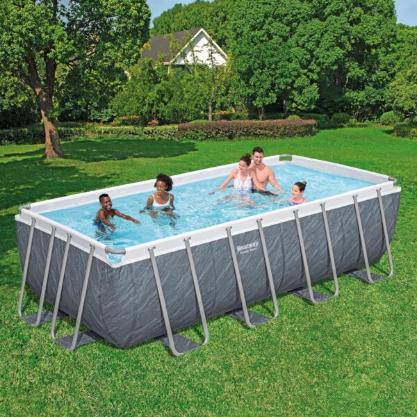 Piscine Power Steel™ rectangulaire 488 x 244 x 122 cm motif marbre gris, filtration à cartouche, échelle, bâche, diffuseur Chemconnect™ – Image 3