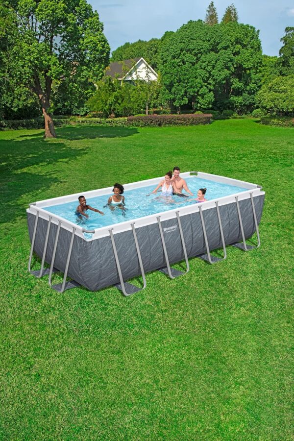 Piscine Power Steel™ rectangulaire 488 x 244 x 122 cm motif marbre gris, filtration à cartouche, échelle, bâche, diffuseur Chemconnect™ – Image 9