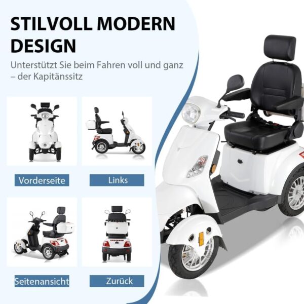 Scooter électrique à 4 roues avec 3 vitesses, grand espace de stockage, tête et accoudoirs réglables et dossier. Convient pour différents terrains avec phares, feux arrière et... – Image 2